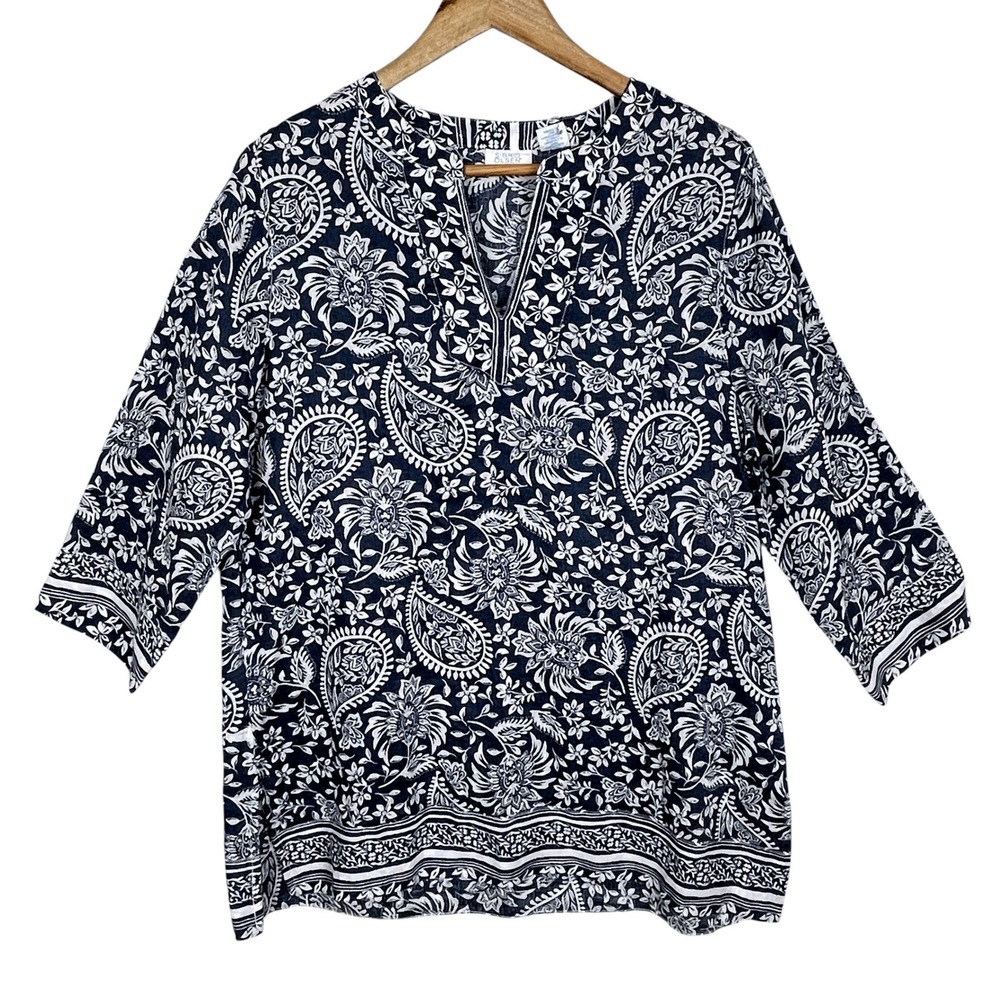 Sigrid Olsen Womens Split Neck Paisley Linen Tunic Top L 3/4 Sleeve Boho Coastal